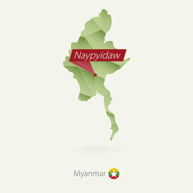 Groene gradiënt laag poly kaart van Myanmar met hoofdstad Naypyidaw