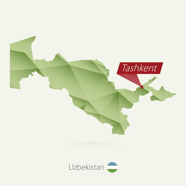 Groene gradiënt laag poly kaart van Oezbekistan met hoofdstad Tasjkent