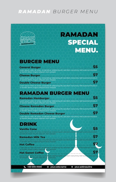 Groene hamburger menusjabloon in ramadan maand met silhouet moskee ontwerp