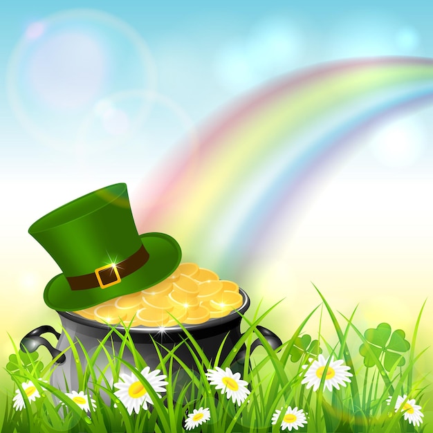 Groene hoed en ketel met goud van kabouter in gras met klaver en kleurrijke regenboog. St. Patrick's Day-thema op blauwe aardachtergrond, illustratie.