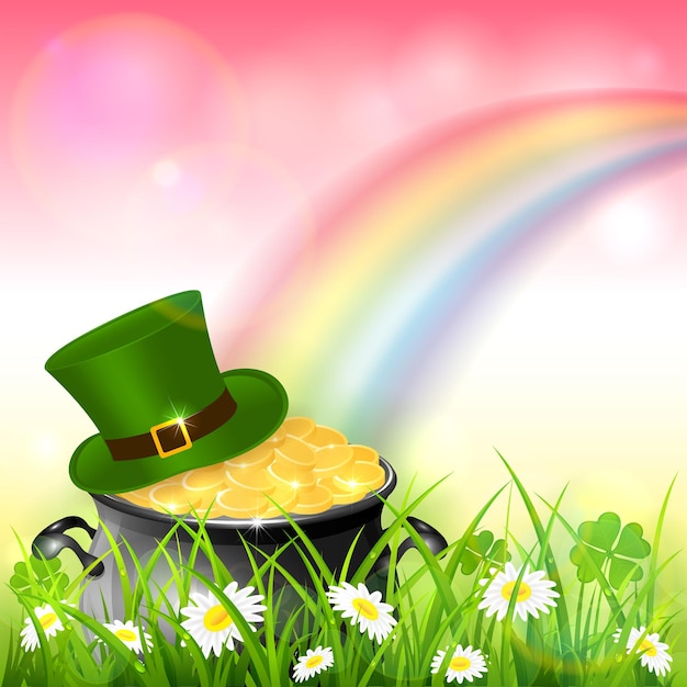 Groene hoed en ketel met goud van kabouter in gras met klaver en kleurrijke regenboog. St. Patrick's Day-thema op roze aardachtergrond, illustratie.