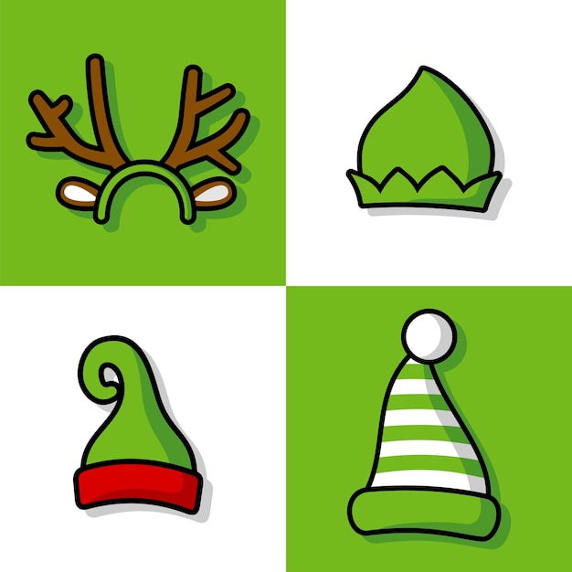 Vector groene kersthoeden en decoraties vector illustratie kerstman hoeden grappige elf hoeden.