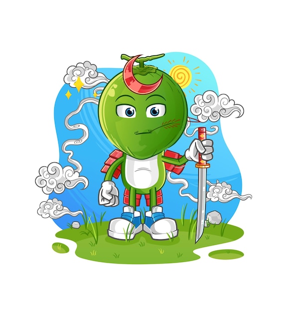 Groene kokosnoot hoofd cartoon samurai cartoon mascotte vector