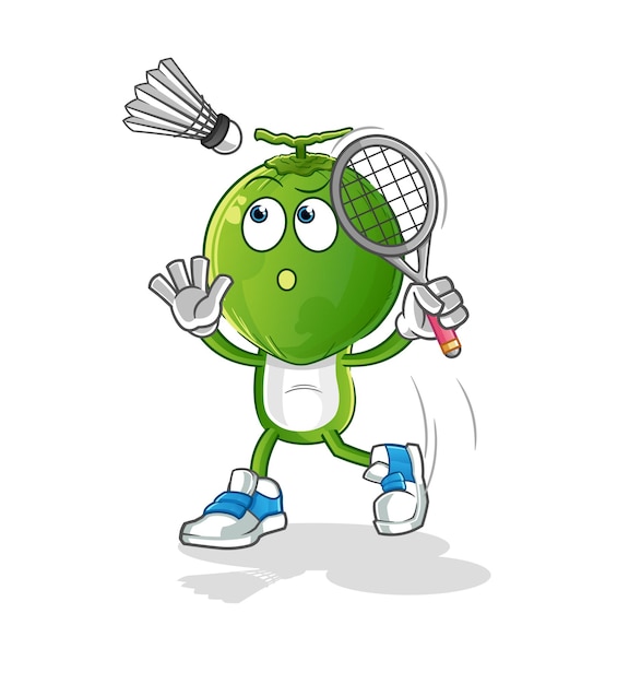 Groene kokosnoot hoofd cartoon smash bij badminton. cartoon mascotte vector