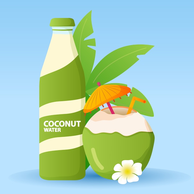 Groene kokoswater drink glazen fles. Verse cocktail van kokosnoten. Exotisch drinkwater met een paraplu en een rietje, orchideebloem.