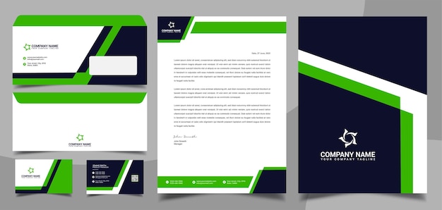 Groene merkidentiteit stationair briefhoofd visitekaartje envelop omslag ontwerpsjabloon