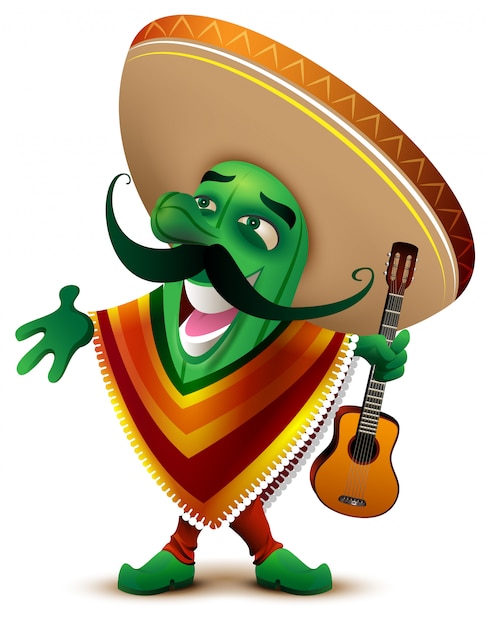 Groene Mexicaanse cactus in sombrero en poncho zingt