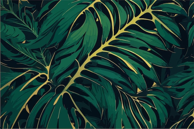 Groene Monstera bladeren en bloemmotief platte 2D achtergrond