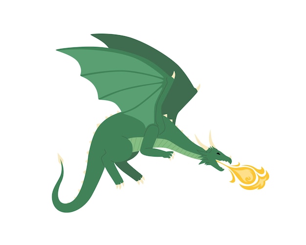 Groene mythische draak waait vuur platte vectorillustratie. Middeleeuws gevaarlijk wezen met vleugels en hoorns geïsoleerd op wit. Boos krachtig fantasiemonster. Eng vliegend beest.