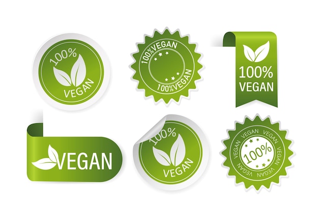 Groene natuurlijke en veganistische stickers en linten in vlakke stijl Vectorillustratie