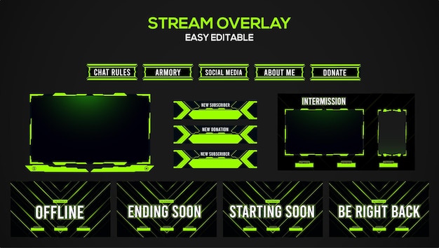 Groene neon set live stream element ontwerp voor gamer