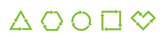 Vector groene recycle pictogrammen instellen. ecologie concept. biologisch afbreekbare, composteerbare, recyclebare icon set. groene recycling en rotatie pijlpictogram. vectorafbeelding eps 10