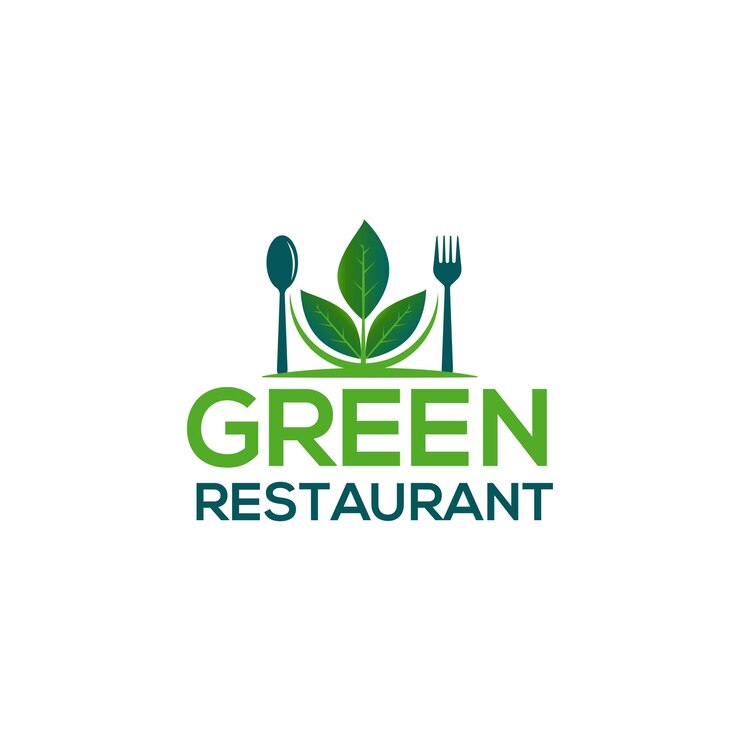 groene restaurantlogobladeren met lepel en vork vegetarisch logo