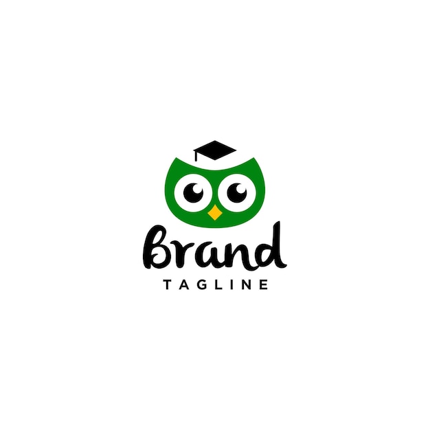 Groene schattige uil logo ontwerp. Leuke Uil Logo Sjabloon Met Afstuderen Hoeden.