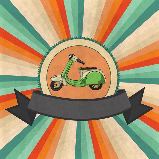 Vector groene scooter staande cartoon motor op vintage achtergrond vectorillustratie