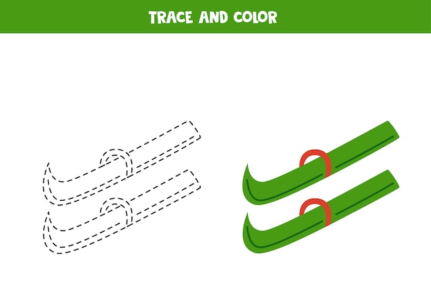 Groene ski-werkblad voor kinderen traceren en kleuren