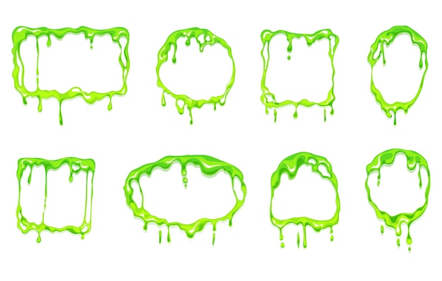 Groene slijmgoo stroomt frames met verschillende vormen slijmvloeistof cartoon stijl concept