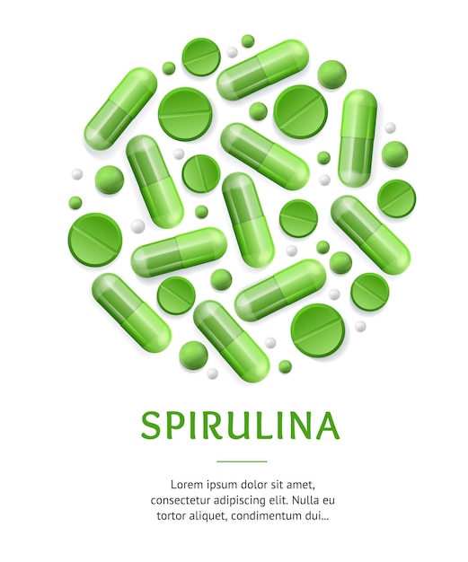 Groene spirulina pillen concept banner met realistische gedetailleerde 3D-elementen vector