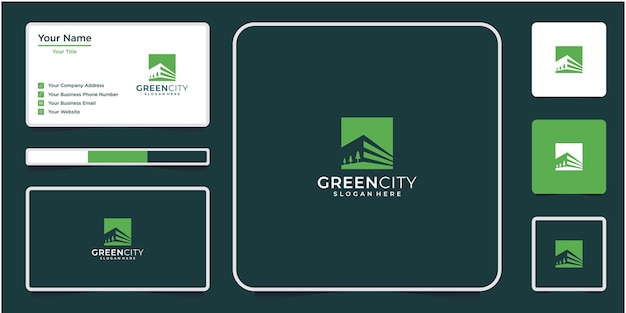 Groene stad logo ontwerpsjabloon gebouw minimalistisch overzichtssymbool voor milieuvriendelijke bui