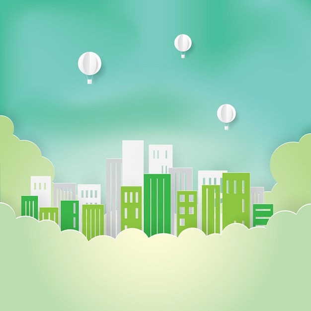 Groene stad op de wolken en ballonnen, papierkunst, papier knippen, ambachtelijke vector, ontwerp