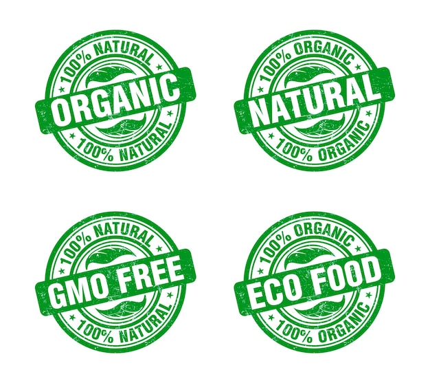 Groene stempel set met tekst 100 biologisch natuurlijk product Ggo gratis eco food product pictogram geïsoleerd op een witte achtergrond