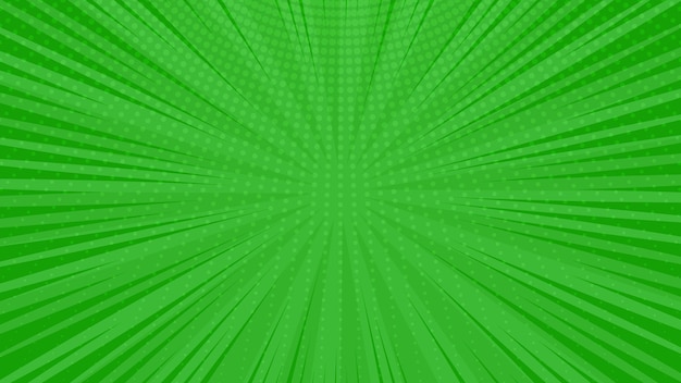 Groene stripboekpagina-achtergrond in pop-artstijl met lege ruimte. Sjabloon met stralen, stippen en halftone effect textuur. vector illustratie