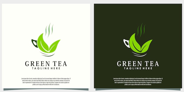 Groene thee logo-ontwerp met blad en theepot creatief concept