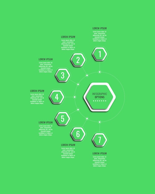 Groene verticale infographic diagramsjabloon met zeven zeshoekige elementen en tekstvakken