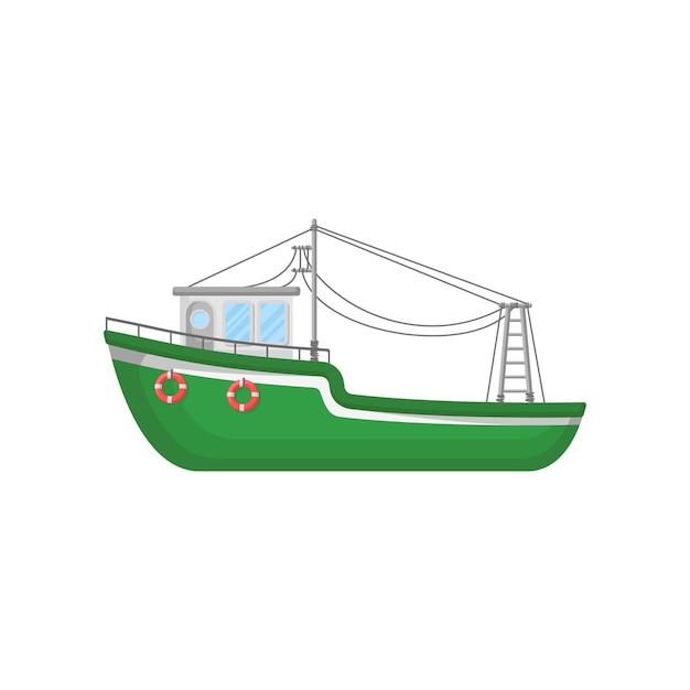 Groene visserij trawler Schip voor industriële productie van zeevruchten Grote boot met reddingsboeien Platte vector icoon van marine vessel