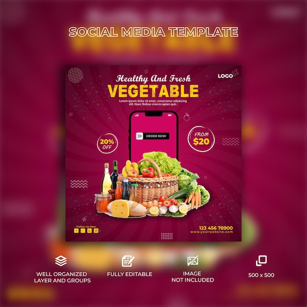 Groente- en fruitboodschappen social media banner en instagram postsjabloon