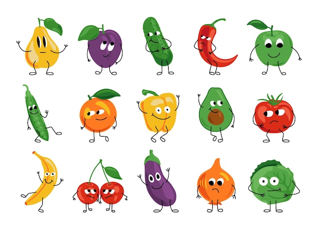 Groente- en fruitkarakters Leuke natuurvoeding mascotte karakters met gezicht emoties handen en benen Vector set cartoon gelukkig karakter fruit