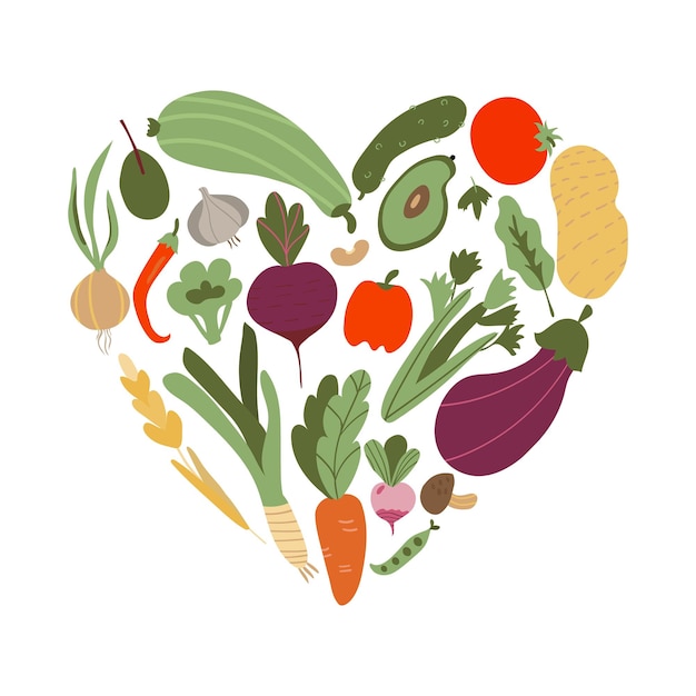Vector groente in hartvorm. set van plantaardige pictogrammen die hartvorm vormen. vegetarische voedselpictogrammen. gezonde cartoon platte voedsel illustratie. handgetekende vectorillustratie