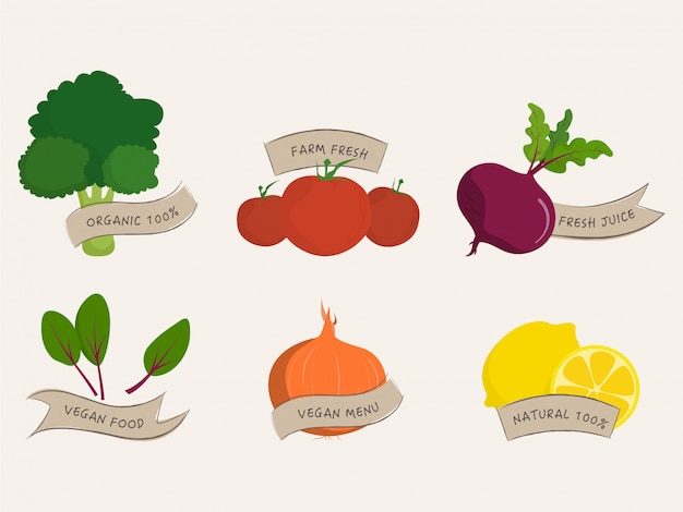 Groenten biologisch etiket gezonde boerderijvoedselbanner en veganistisch natuurlijk bioproduct.