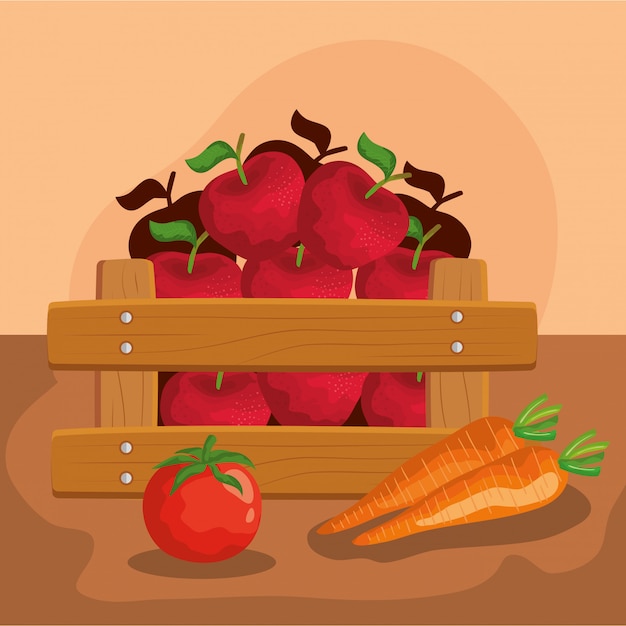 Groenten en fruit binnen houten doosillustratie, gezonde sappige natuurvoeding zoete aard en voeding