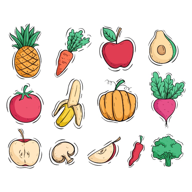 Groenten en fruit collectie met gekleurde doodle stijl