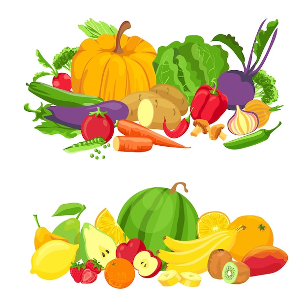 Groenten en fruit groepen. Biologisch vers voedsel. Natuurlijke boerderij groene producten. Cartoon tropisch fruit voor SAP. Gezonde voeding vector. Groente en fruit biologische, vegetarische oogst illustratie