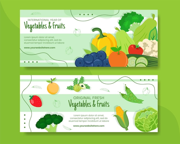 Groenten en fruit Horizontale bannersjabloon Cartoon achtergrond vectorillustratie