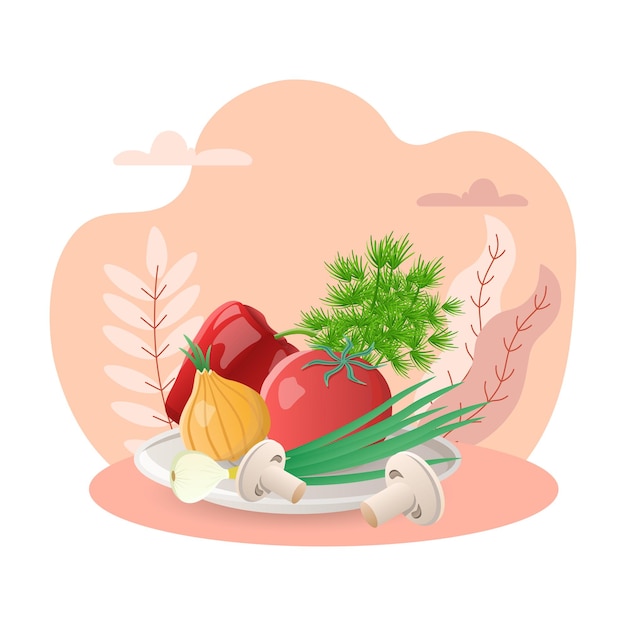 Groenten illustratie ui groene tomaat peper champignons