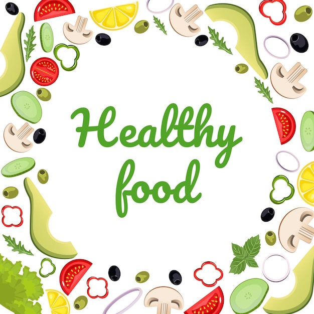 Vector groenten in een cartoon-stijl vectorillustratie vierkant frame met belettering healthly food