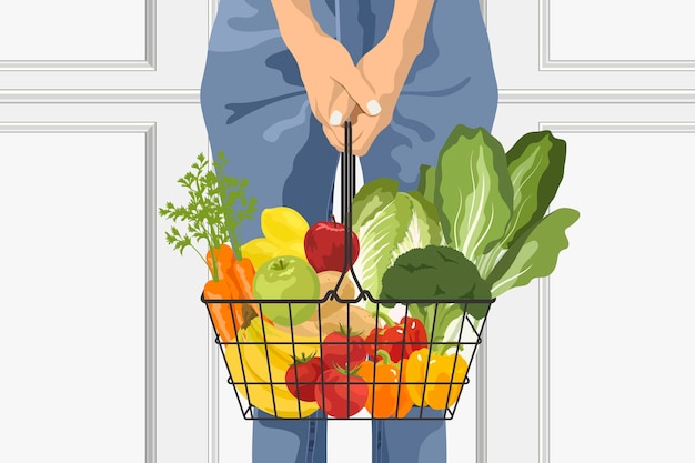 Groenten in mand achtergrond realistische vectorillustratie