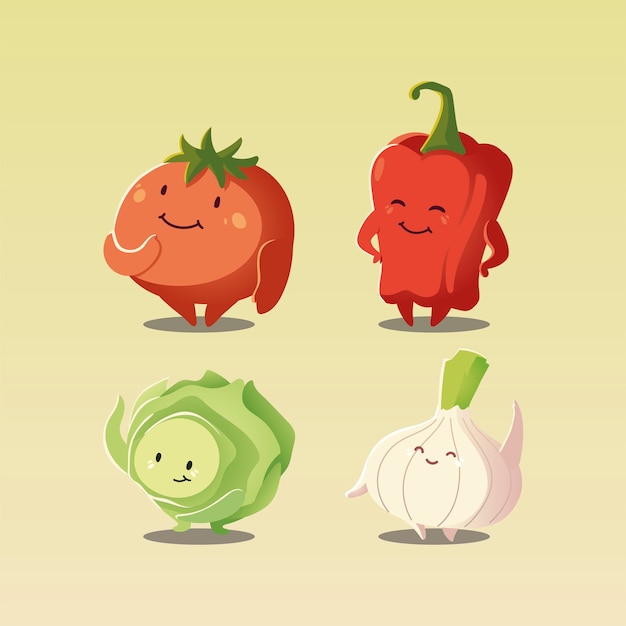 Groenten kawaii schattig tomaat paprika ui en kool cartoon stijl vectorillustratie