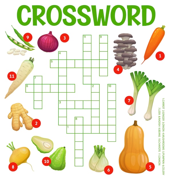 Groenten paddestoelen kruiswoordpuzzel werkblad