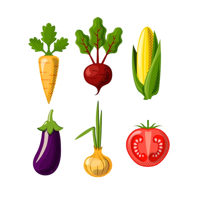 Groenten plat pictogrammen geïsoleerd op een witte achtergrond. Wortel, rode biet of biet, maïs, ui en tomate en aubergine. Platte icon set van gezond voedsel - groenten