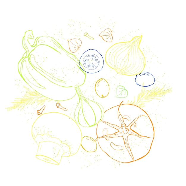 Groenten schetsen kunst illustratie cirkel plat leggen