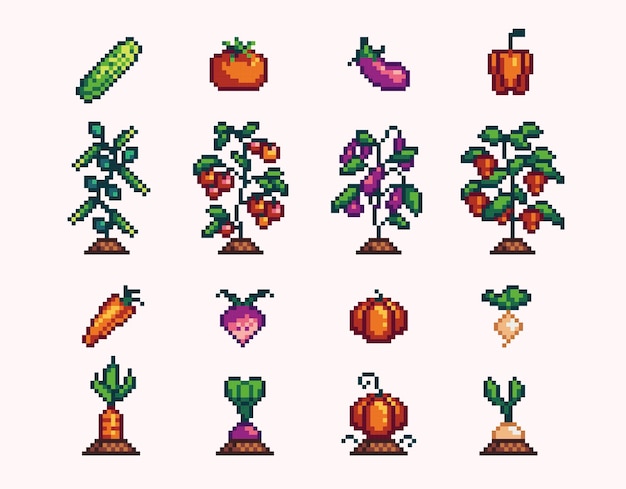 Groenteplanten pixel art set groeiende gewassen collectie 8 bit sprite