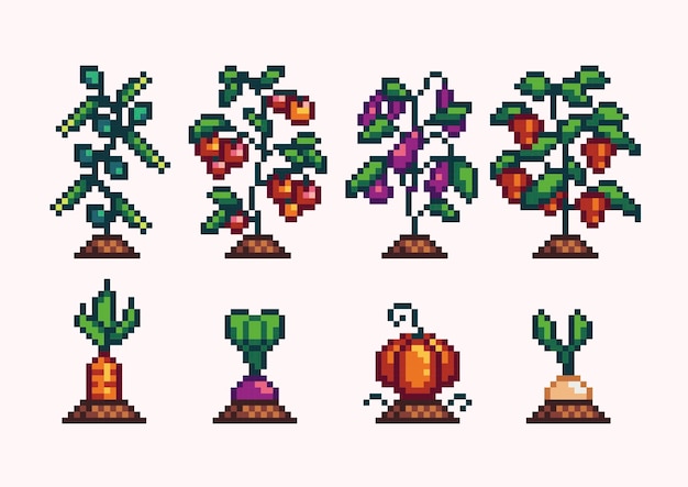 Groenteplanten pixel art set Groeiende gewassen collectie 8 bit sprite