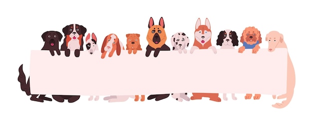 Vector groep aanbiddelijke honden van verschillende rassen die lege banner met plaats voor tekst houden. vermakelijke huisdieren of huisdieren met plakkaat dat op witte achtergrond wordt geïsoleerd. platte cartoon vectorillustratie.