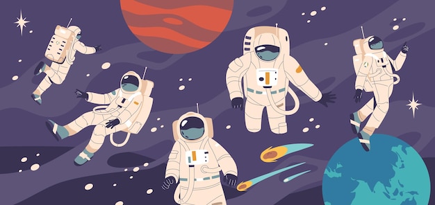 Groep astronauten drijvend in de ruimte omringd door sterren planeten en asteroïden Vector illustratie