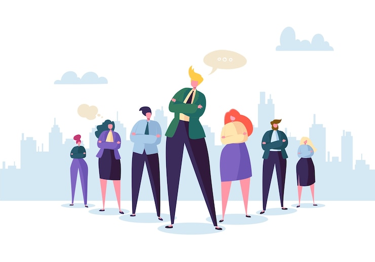Vector groep bedrijfsmensenkarakters met leider. teamwork en leiderschap concept. succesvolle zakenman valt op voor platte mensen.