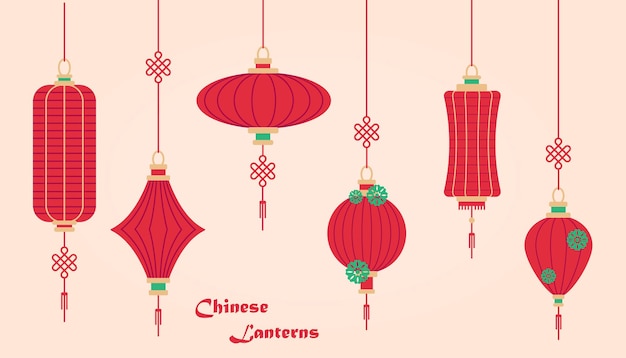 Groep Chinese lantaarns rode papieren lantaarns Oost-cultuur objecten vector elementen vakantie decora